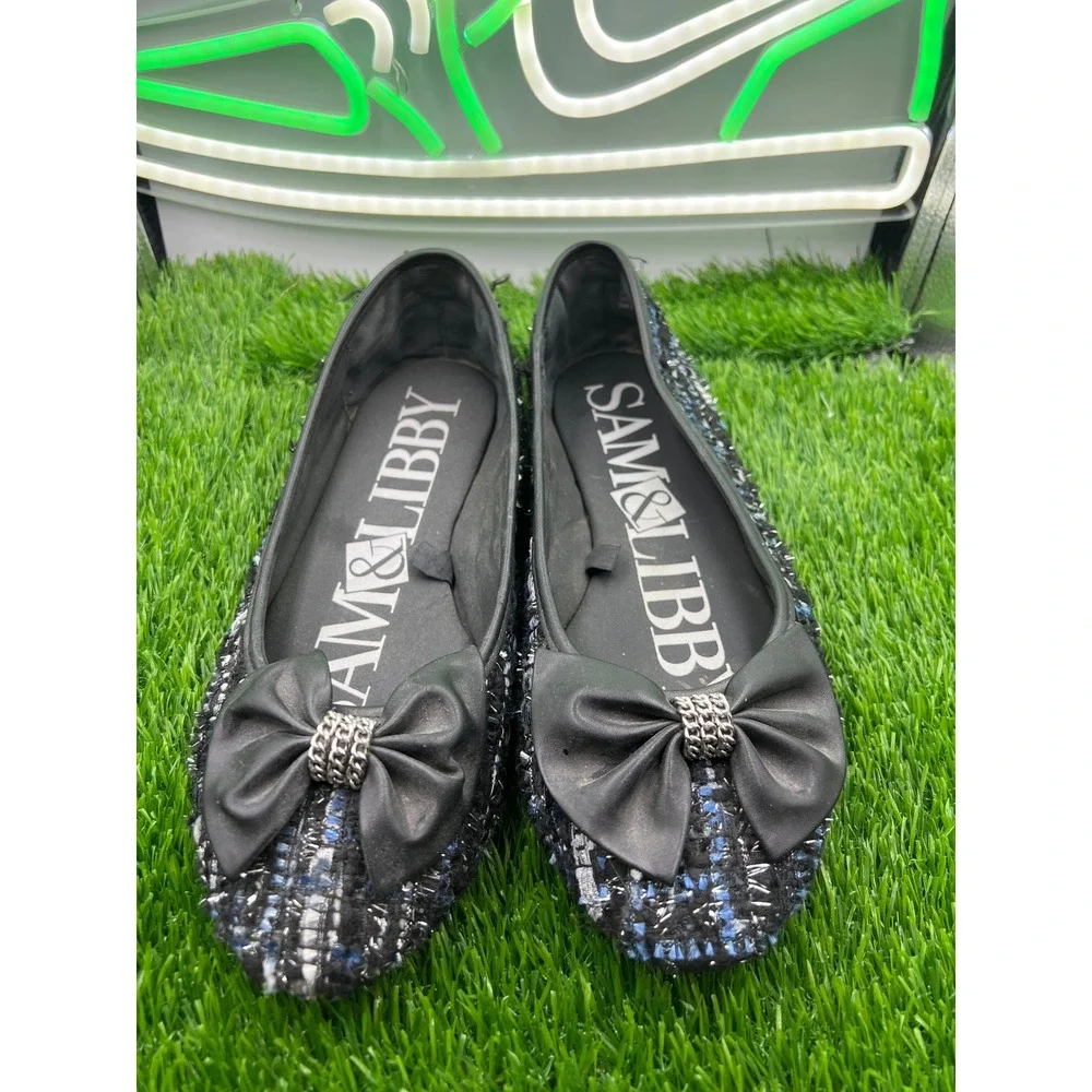 Sam & Libby Womens Black Tweed Ballet Flats Bow Rhinestone Slip On Shoes Size 8